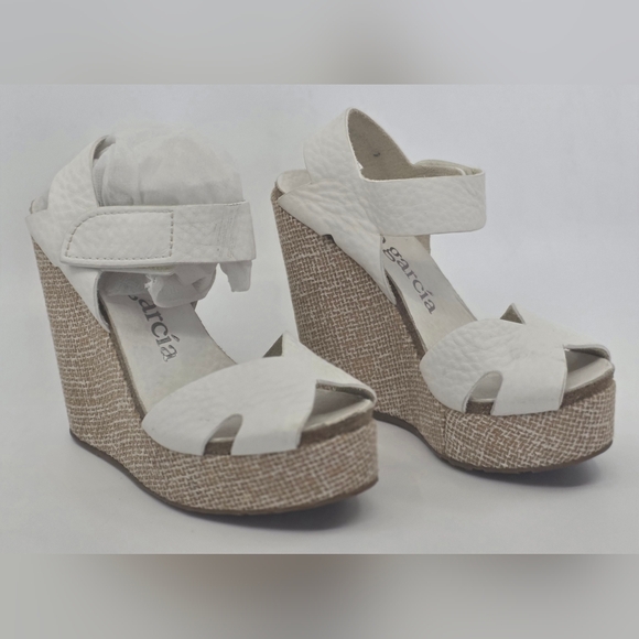 Pedro Garcia White Leather, Suede, Cork Wedge Summer Beach Wedding Sandals - Picture 2 of 11